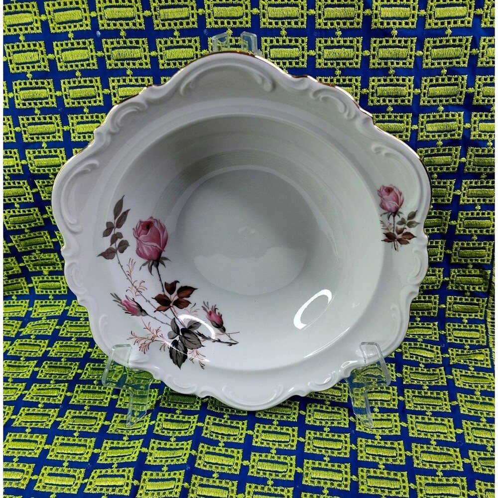 MITTERTEICH BAVARIA GERMANY PORCELAIN Gold Trim Pink ROSE Serving Bowl 10"x9.5"